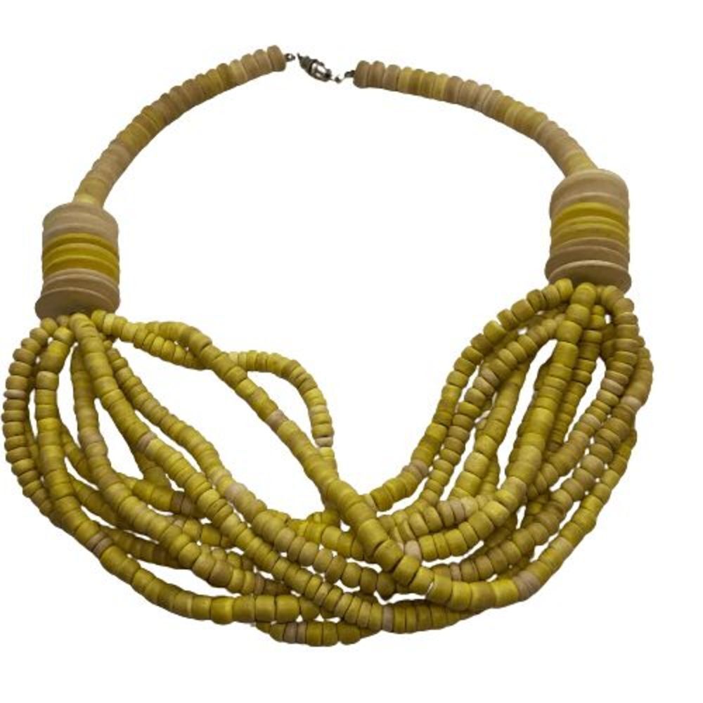 Unique Painted Yellow Wood Bead Torsade 18" Vintage Necklace